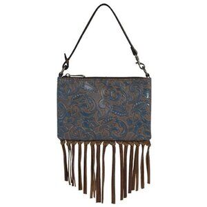 Justin Boots Mini Shoulder Bag Convertible Teal Wash Brown Fringe Leather NWT